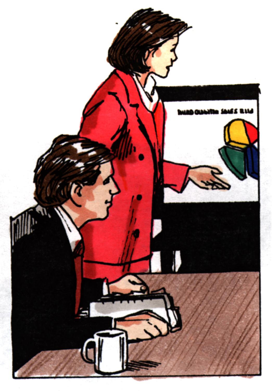 Businesspeople looking at a pie chart on an easel