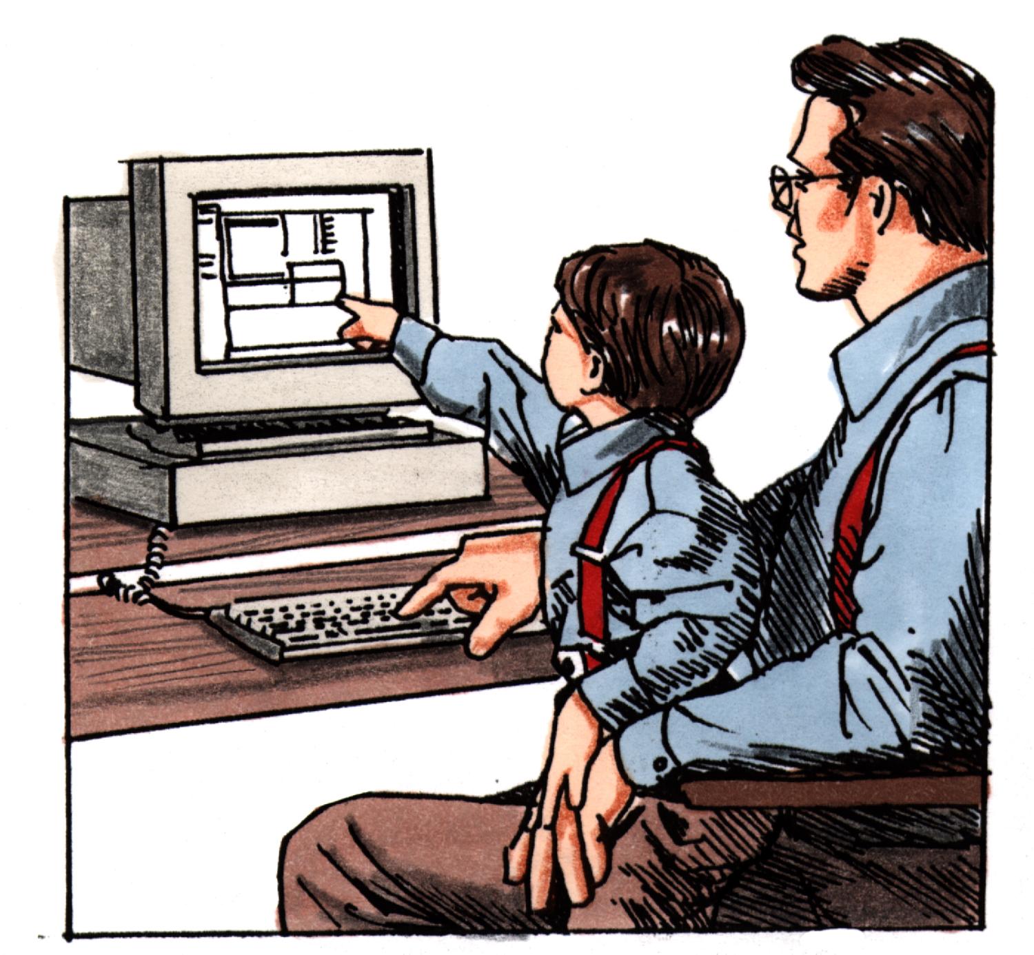 Boy on dad's lap pointing at computer
